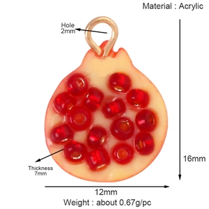 Macro detail of acrylic pomegranate pendant with 16x12x7mm size and 2mm hole