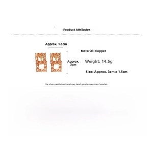 Detail view showing 3cm by 1.5cm square hollow pendant earrings with zircons and 14.5g weight