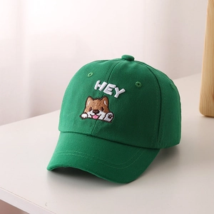 Dettaglio dello Shiba Inu ricamato e della scritta HEY su un cappellino da baseball verde