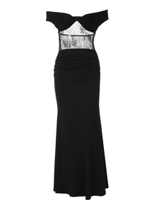 Robe longue noire élégante dos nu avec dentelle et design épaules dénudées