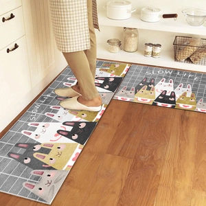 Kitchen floor mat set with Nordic cartoon bunny and grey plaid design for home decor