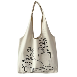 Cute cat and potted plant print canvas tote bag in creamy white minimalist Japanese style