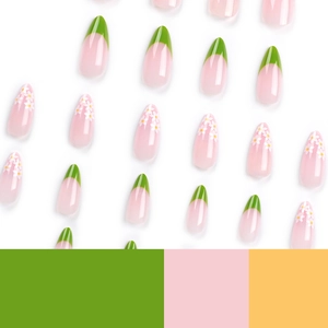 French tip almond fake nails with green edges and white embossed flower designs