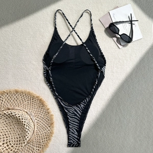 Detail view of one-piece swimsuit with zebra print and sexy criss-cross back straps