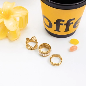 Detailed set of 18K gold-plated rings featuring crown design and faux pearl accents