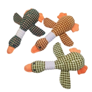 Three plush wild goose dog squeaky toys in corduroy fabric with textured checkered patterns