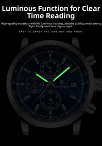 Detail view of the luminous hands and markers on blue dial multifunctional sport watch