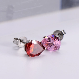 Titanium steel stud earrings with red heart and pink pear cut zircon stones in silver base