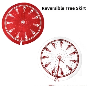 Detail of reversible knitted Christmas tree skirt with red and white gnome patterns