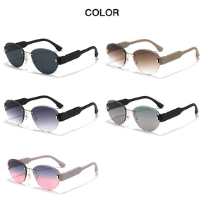 Detailed view of frameless oval sunglasses available in five trendy gradient lens colors