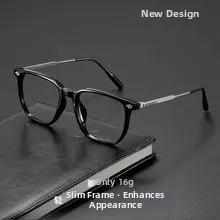 Close-up of lightweight black myopia frames with silver metal temples weighing 16g
