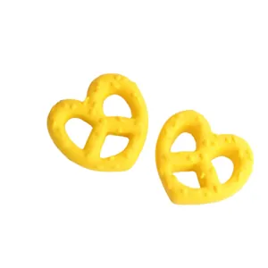 Pair of yellow resin heart-shaped pretzel charms with realistic textured grain for DIY crafts