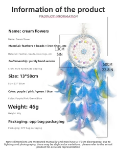Detailed size chart of handmade dreamcatcher with blue feathers and floral beads