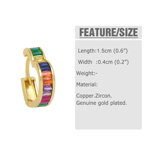 Detail showing 1.5cm colorful baguette zircon huggie earrings with gold plating