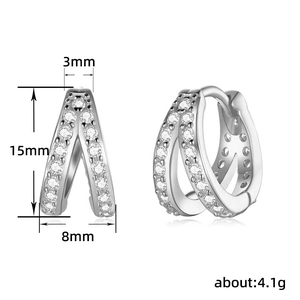 Silver geometric hoop earrings with double-row crystals, 15mm height, front and side view