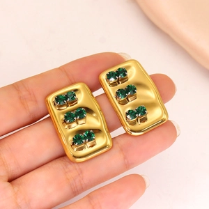 French vintage 18K gold plated rectangular earrings with emerald green zircons