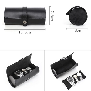 Detail view of black vintage leather triple watch roll with secure buckle and soft lining