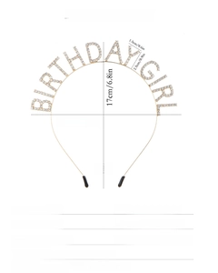 Detail view of the Birthday Girl rhinestone headband with measurements and dimensions
