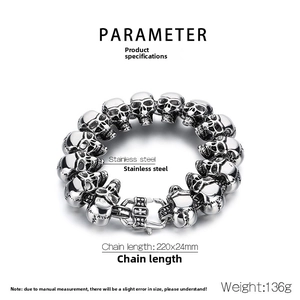 Detailed view of polished stainless steel skull bracelet with 220mm length and 24mm width