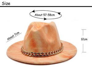 Size details of orange pink tie-dye fedora with gold chain decoration and dimensions