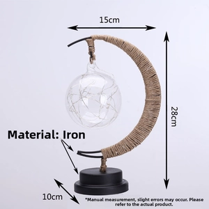 Detailed size specifications of moon shaped LED hemp rope iron lamp 28cm high