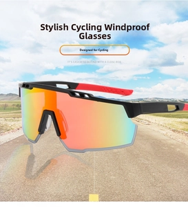 Detail of matte black sports sunglasses with red rubber temple tips and colorful lens