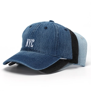 Three denim baseball caps in navy, black and light blue with NYC embroidery detail