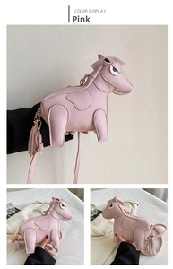 Detail view of pink horse-shaped cartoon crossbody bag made of textured PU leather
