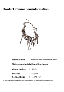 Close-up of star tassel necklace with diamond accents and detailed size specifications