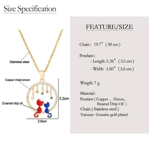 Detailed size chart for the cat pendant necklace with chain length and material info