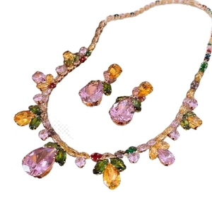 Luxurious flower jewelry set with colorful zircons and rose gold necklace and earrings