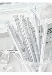 Close-up of minimalist transparent acrylic gel pens in 0.5mm and 0.38mm specs