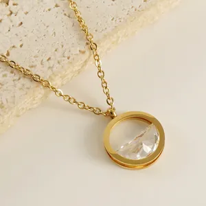 Pendant Necklace 18K Gold Plated Stainless Steel Hollow Round Clear Zircon Minimalist Elegant Jewelry For Women