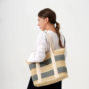 Contrast color handmade woven straw tote bag with canvas straps for beach holidays