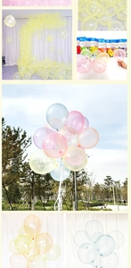 Collage of transparent crystal latex balloons in various decorative party settings