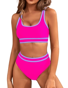 Detail view of fluorescent pink sporty bikini set with purple trim and high waist