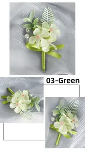 Detail of green handmade boutonniere with silk petals and white pearl accent