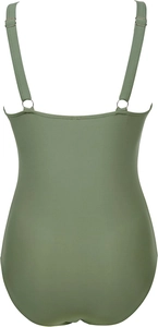 Detail view of olive green one-piece swimsuit back with golden ring and adjustable straps