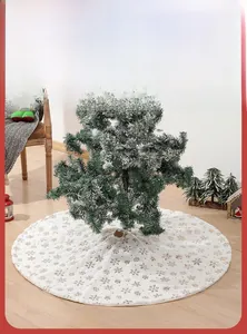 Detail of 48 inch white plush Christmas tree skirt with sequin snowflake embroidery