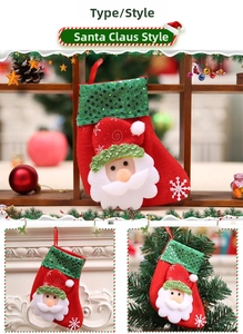 Detail of red Christmas stocking with green sequins and a 3D Santa Claus figure