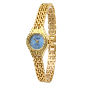 Detailed macro view of a gold watch dial featuring blue face and Arabic numerals