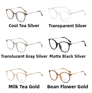 Detail view of anti-blue light glasses frames in six assorted colors including tea and silver