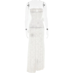 Detailed back view of a white strapless lace maxi dress with elegant floral trailing detail