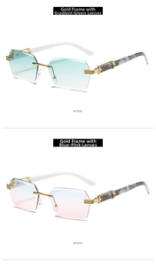 Detail view of rimless hexagonal sunglasses with gradient lenses and marble pattern temples
