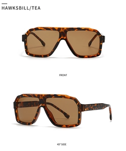 Front and 45-degree side views of retro tortoiseshell square sunglasses with tea lenses
