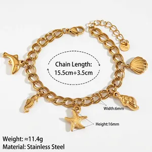 Bracelet océan en acier inoxydable doré avec pendentifs dauphin, étoile de mer et coquillage