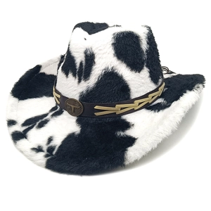 Cow Print Western Cowboy Hat Faux Fur Plush Wide Brim Bull Head Metal Decor Fedora For Women Men Street Style