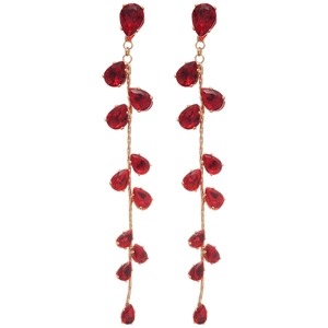 Elegant gold drop earrings with red teardrop zircon stones and long tassel fringe design