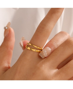 Minimalist double-layer gold plated stainless steel open ring shown on a finger