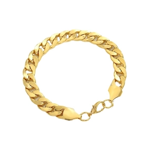 Polished gold flat Cuban link chain bracelet with secure lobster clasp on white background